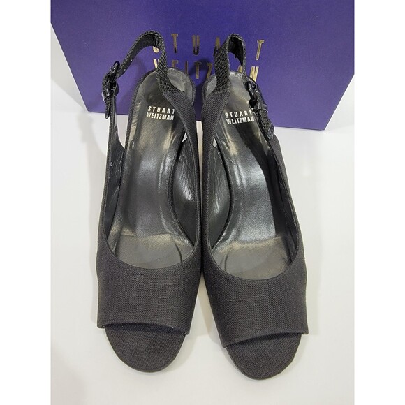 Stuart Weitzman 10 Beltitout Black Linen Slingback High Heels Pumps Designer EUC - Picture 2 of 9